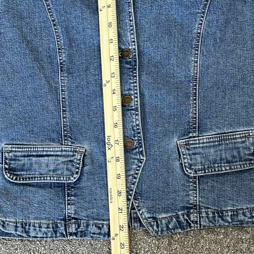 Ethyl Vintage Denim Blazer Jacket ~ Women's LARGE ~Medium Wash Stretch Y2K Retro - Picture 10 of 11